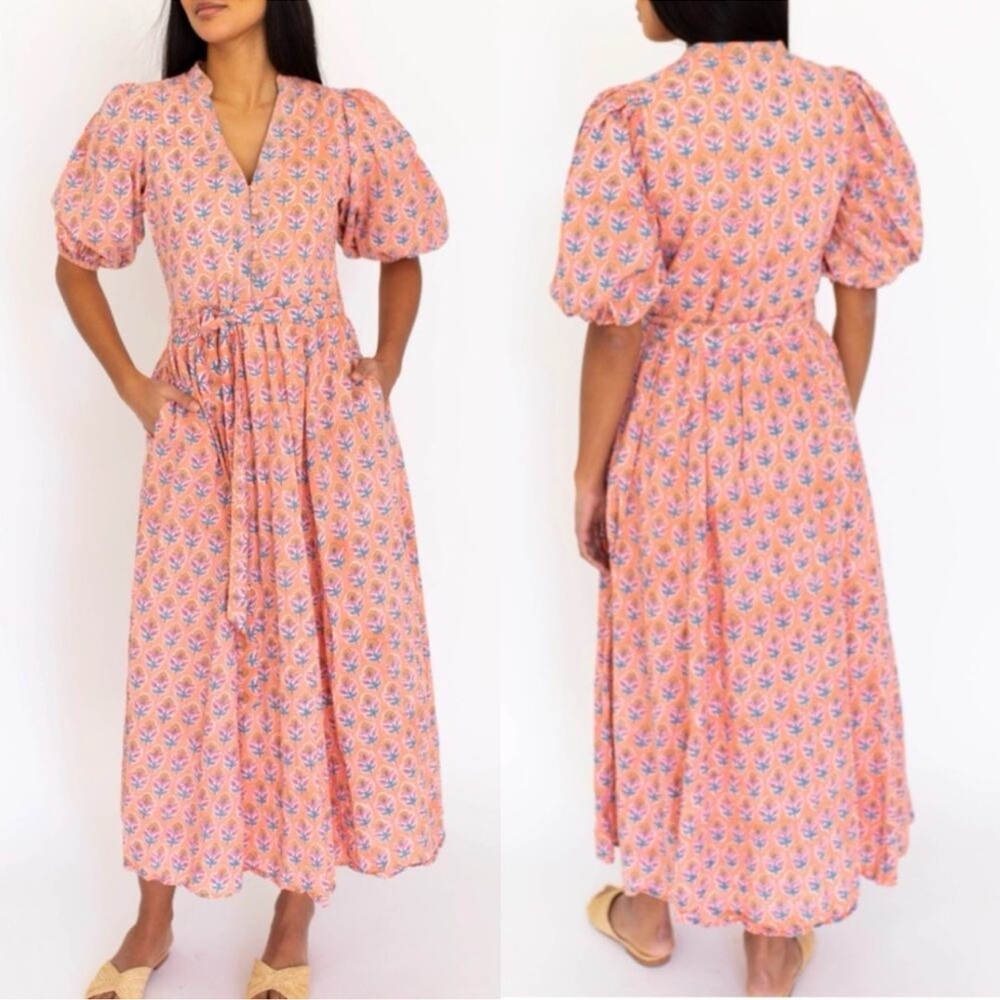 Marea Pink Floral Midi Dress with Puff Sleeve- belt not included